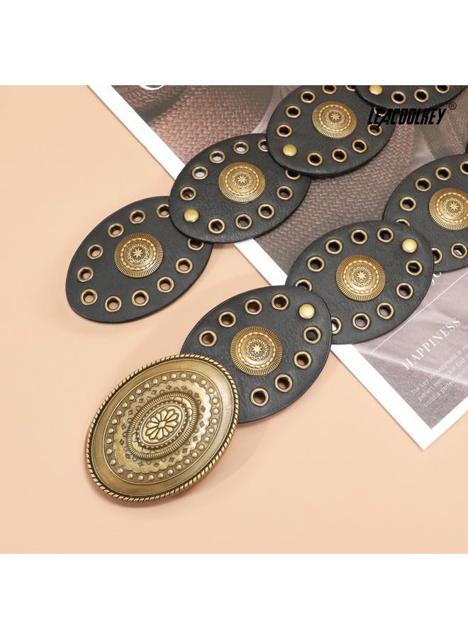 LEACOOLKEY Hollow Disc Belt Western Leather Belt Boho Concho Belt Vintage Waist Belt for Women - Image 3
