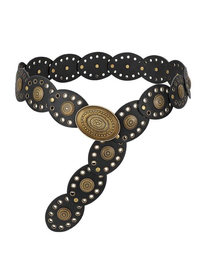 LEACOOLKEY Hollow Disc Belt Western Leather Belt Boho Concho Belt Vintage Waist Belt for Women - Image 1