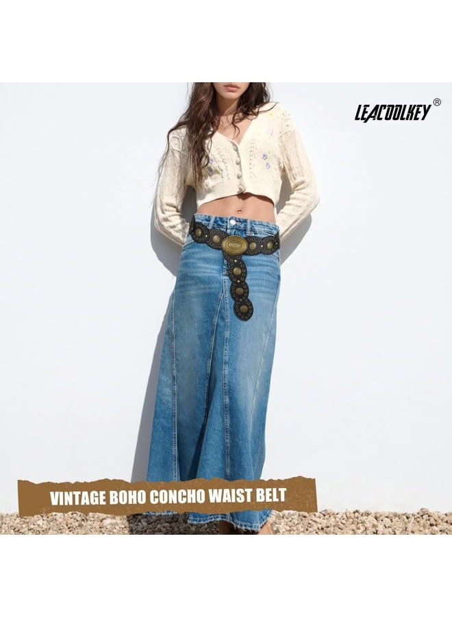 LEACOOLKEY Hollow Disc Belt Western Leather Belt Boho Concho Belt Vintage Waist Belt for Women - Image 4
