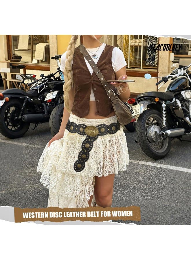 LEACOOLKEY Hollow Disc Belt Western Leather Belt Boho Concho Belt Vintage Waist Belt for Women - Image 2
