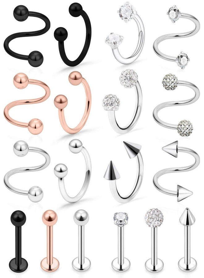 Hoeudjo 18PCS 16G Surgical Steel Lip Hoop Ring Crystal Cubic Daith Earring Spiral Horseshoe Barbell Tragus Cartilage Earring Helix Septum Hoop Body Piercing Jewelry for Women Men 8mm 5/16 inch - Image 1