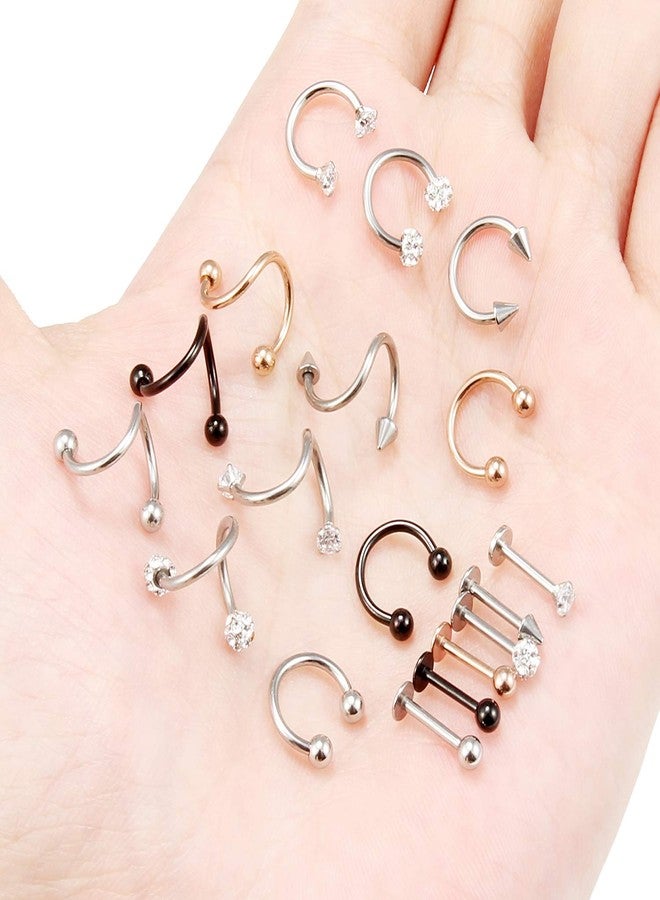 Hoeudjo 18PCS 16G Surgical Steel Lip Hoop Ring Crystal Cubic Daith Earring Spiral Horseshoe Barbell Tragus Cartilage Earring Helix Septum Hoop Body Piercing Jewelry for Women Men 8mm 5/16 inch - Image 3
