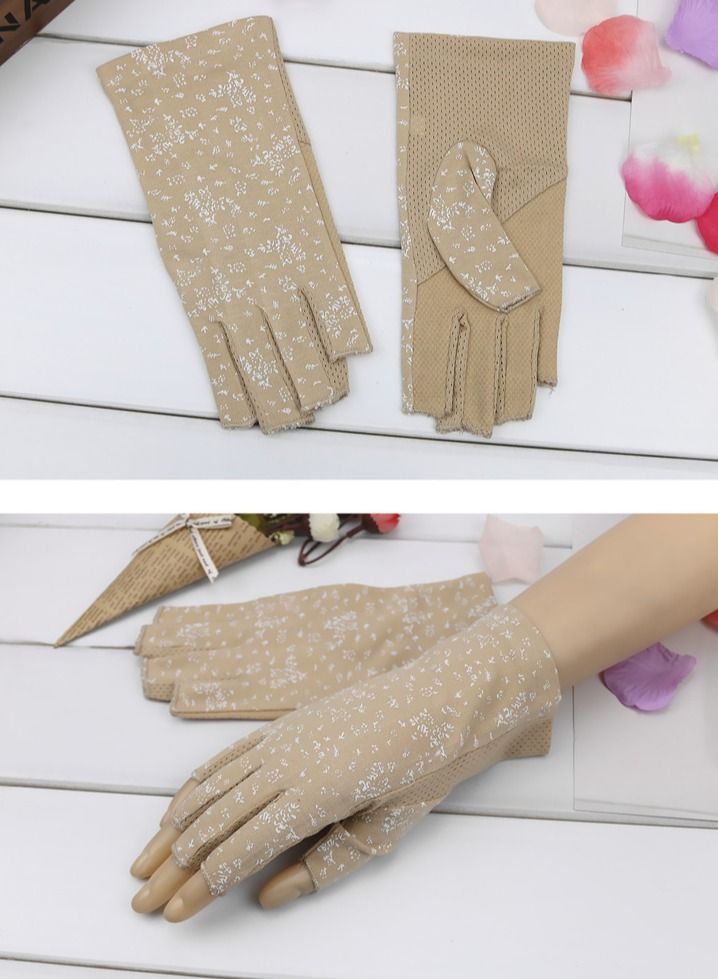 Ladies Printed Sunscreen Fingerless Driving Gloves Light Brown - Image 3