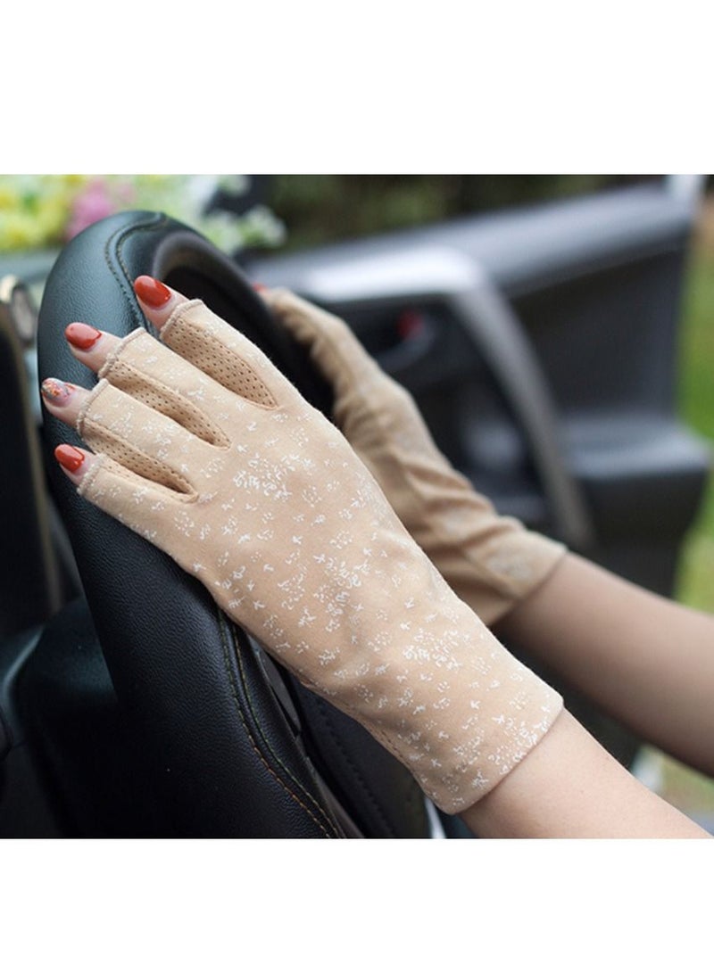 Ladies Printed Sunscreen Fingerless Driving Gloves Light Brown - Image 1