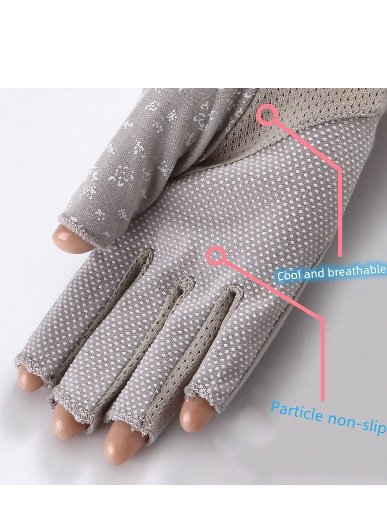 Ladies Printed Sunscreen Fingerless Driving Gloves Light Brown - Image 2