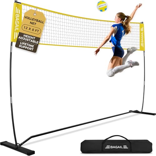 BAGAIL Volleyball Net 12ft Portable Volleyball Net for Backyard Adjustable Height HeavyDuty Frame Freestanding Design Portable OutdoorIndoor Volleyball Set with Carry Bag Yellow - Image 1