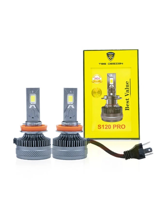 توبيز مصابيح أمامية LED مُحسّنة من TBS DESIGN S120 PRO 2024 جديدة، 12000 لومن فائقة السطوع، مجموعة تحويل المصابيح الأمامية 6500 كلفن زينون أبيض، بديل هالوجين مع مروحة، عبوة من قطعتين - H4 - Image 1