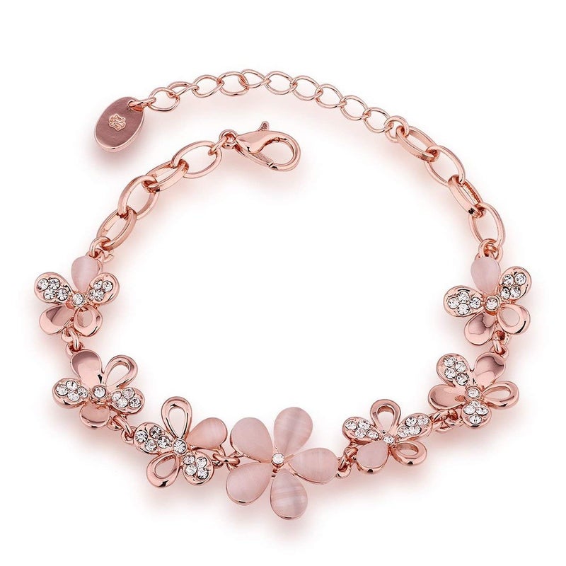 Okos Rose Gold Plated Pink Flowers Link Chain Adjustable Size Charm Alloy Bracelet Decorated With Crystals for Girls & Women BROK1000009 - Image 1