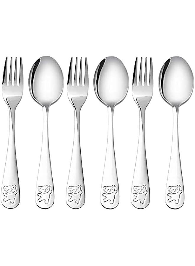 MOXO Set of 6 Kids Sierware Stainless Steel Childsafe Flatware with Little Bear Design  Includes 3 Forks and 3 Tablespoons for Children  Toddler Utensils Metal Cutlery Set - Image 1