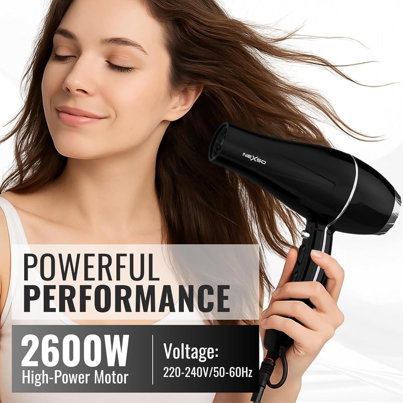 2600W Professional Ionic Hair Dryer with Cold Dose 2 Heat Settings 2 Speed Diffuser for Curly Hair and 2 Nozzles, Low Noise Dryer, Frizz Control, Cord - Image 3