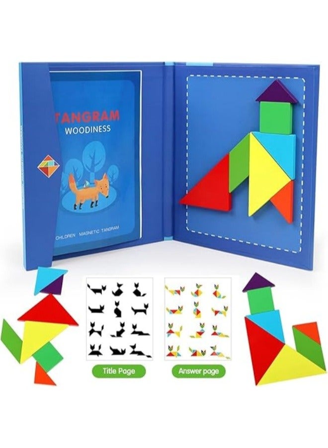 Wooden Tangram Puzzle Book Game for Kids, Educational and Early Development Tangram, Magnetic Block Book with 3D Puzzle Game STEM Education IQ-Brain Teaser Toys For Boys Girls - Multicolor - Image 4