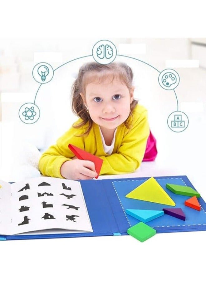 Wooden Tangram Puzzle Book Game for Kids, Educational and Early Development Tangram, Magnetic Block Book with 3D Puzzle Game STEM Education IQ-Brain Teaser Toys For Boys Girls - Multicolor - Image 1