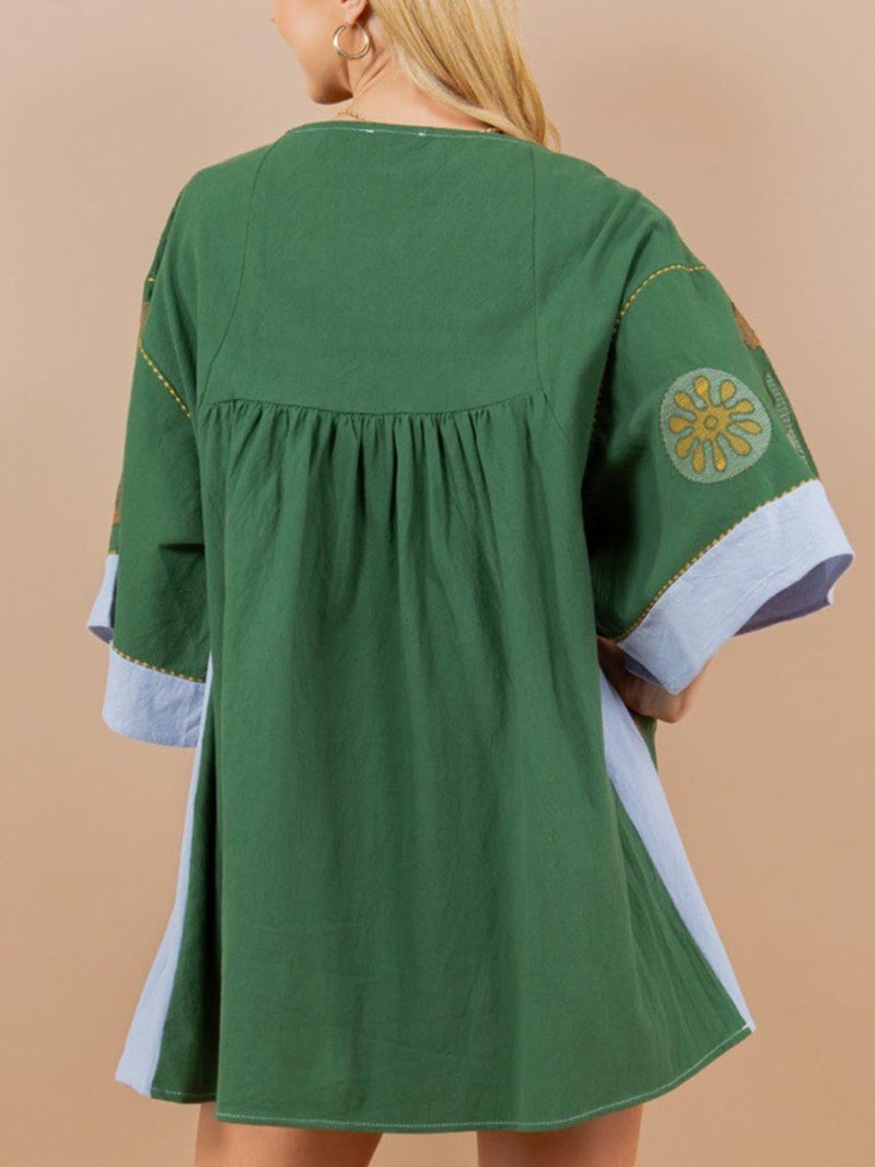 Joiemont Womens Oversized Embroidered Dress with V-Neck and 3/4 Sleeves Vintage Embroidery Babydoll Dress(0603-Green-M) - Image 2