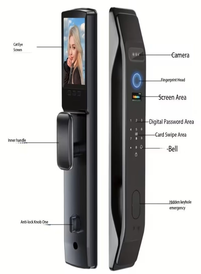 قفل باب ذكي أوتوماتيكي بالكامل – فتح بالتعرف على الوجه، البصمة، كلمة المرور، المفتاح الميكانيكي وبطاقة، بطارية قابلة لإعادة الشحن، متين وعصري للمنزل والمكتب - Image 3