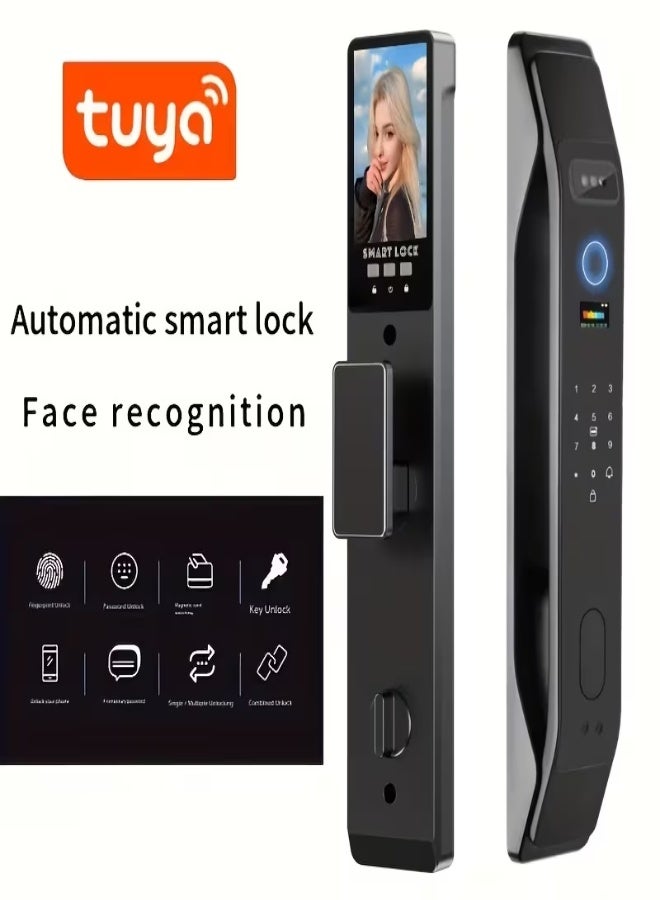 قفل باب ذكي أوتوماتيكي بالكامل – فتح بالتعرف على الوجه، البصمة، كلمة المرور، المفتاح الميكانيكي وبطاقة، بطارية قابلة لإعادة الشحن، متين وعصري للمنزل والمكتب - Image 1