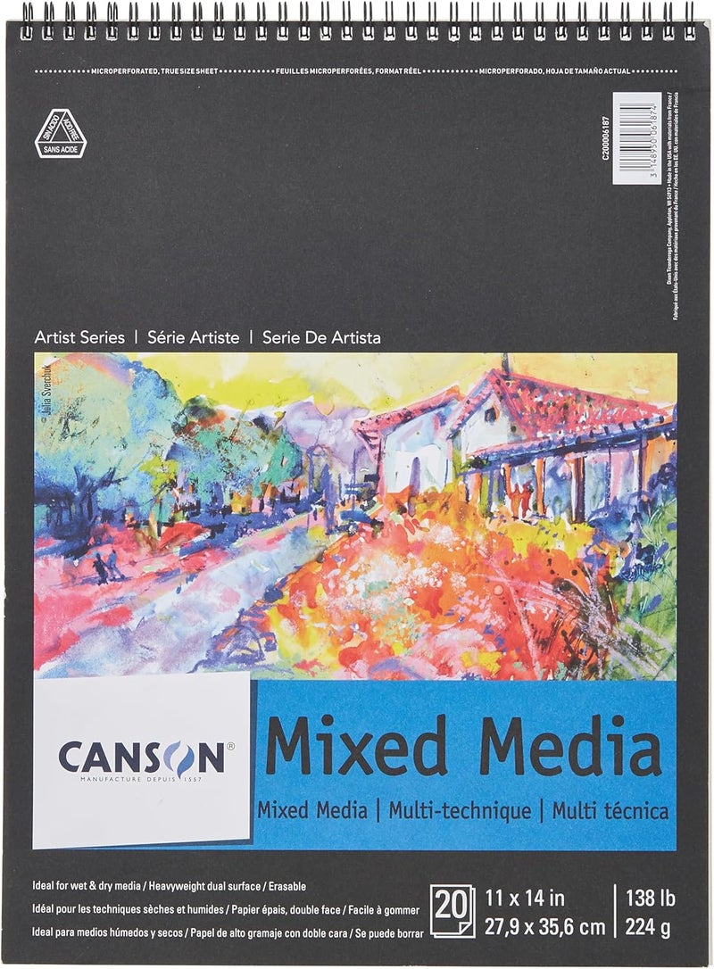 Canson Artist Series Mixed Media Paper Wirebound Pad 11x14 inches 20 Sheets 138lb224g  Artist Paper for Adults and Students  Watercolor Gouache Graphite Ink Pencil Marker - Image 1