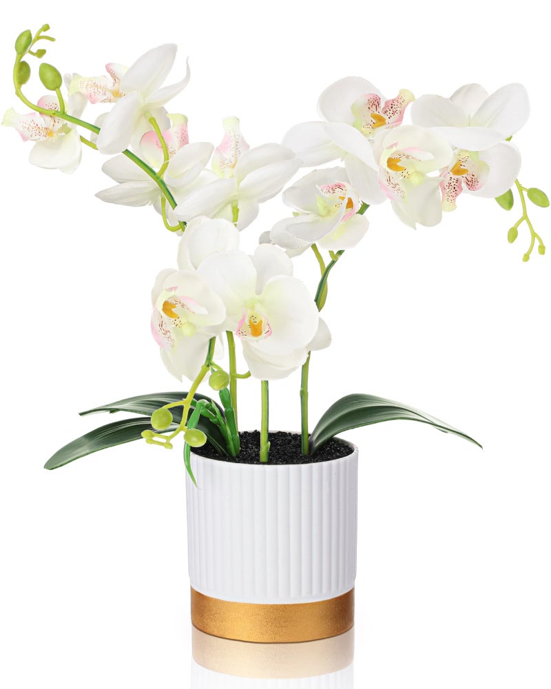 XunYee Orchid Artificial Flowers in Pot 15 Inches Artificial Orchid Flowers Phalaenopsis Potting for Home Office Wedding Bathroom Centerpiece DecorWhite