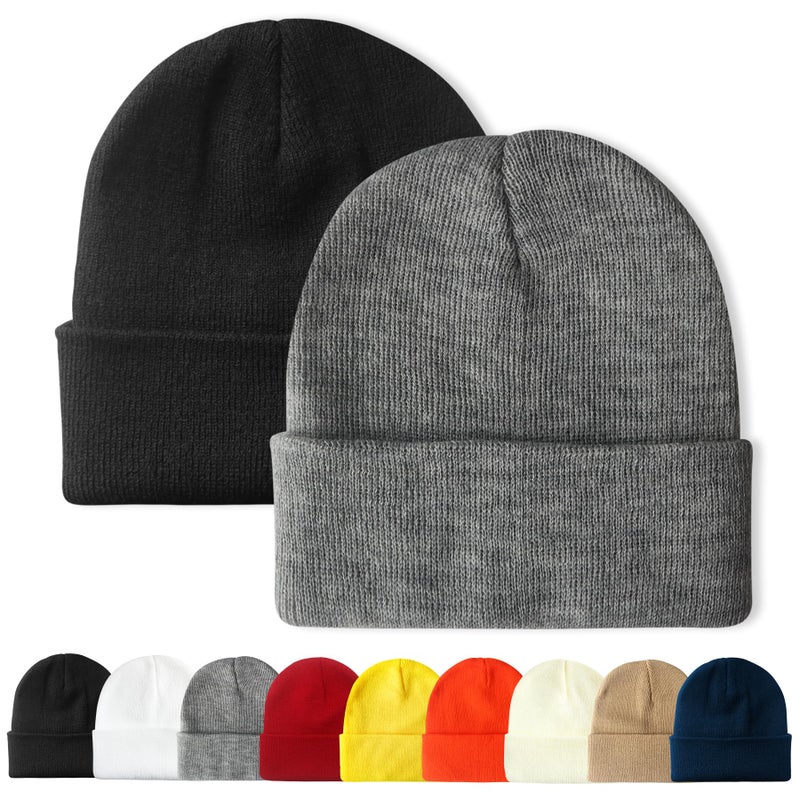 PFFY 2 Packs Unisex Beanie Hats for Men Women Knit Winter Beanies Black+Gray - Image 1