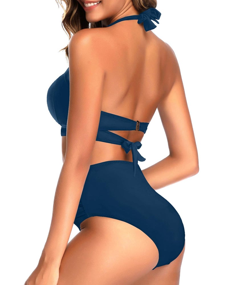 Tempt Me Women's Vintage Swimsuits Indigo Blue Retro Halter Ruched High Waist Bikini with Bottom M - Image 4