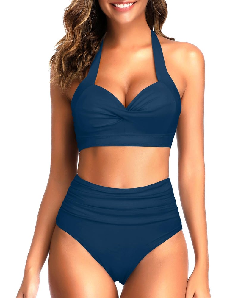 Tempt Me Women's Vintage Swimsuits Indigo Blue Retro Halter Ruched High Waist Bikini with Bottom M - Image 1