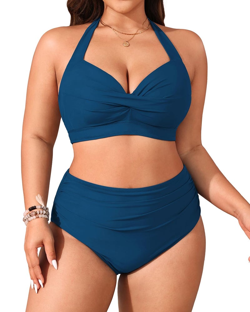 Tempt Me Women's Vintage Swimsuits Indigo Blue Retro Halter Ruched High Waist Bikini with Bottom M - Image 2