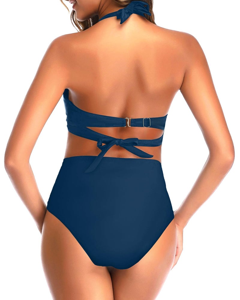 Tempt Me Women's Vintage Swimsuits Indigo Blue Retro Halter Ruched High Waist Bikini with Bottom M - Image 5