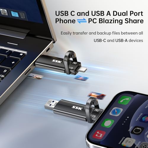 SSK 1TB USB Flash Drive SSD, External TLC NAND Solid State Drive Dual USBC & USBA Ports, Up to 1000MB/s High-Speed Portable 1TB USB Thumb Drive for iPhone 15/16/17 Pro Mac Android PC Backup - Image 3