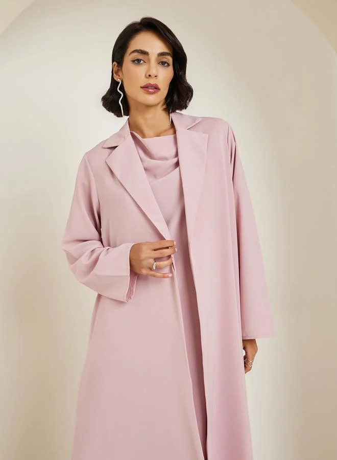 Amirah Pink Lapel Collar Jacquard Abaya and Cowl Neck Dress Modest Set