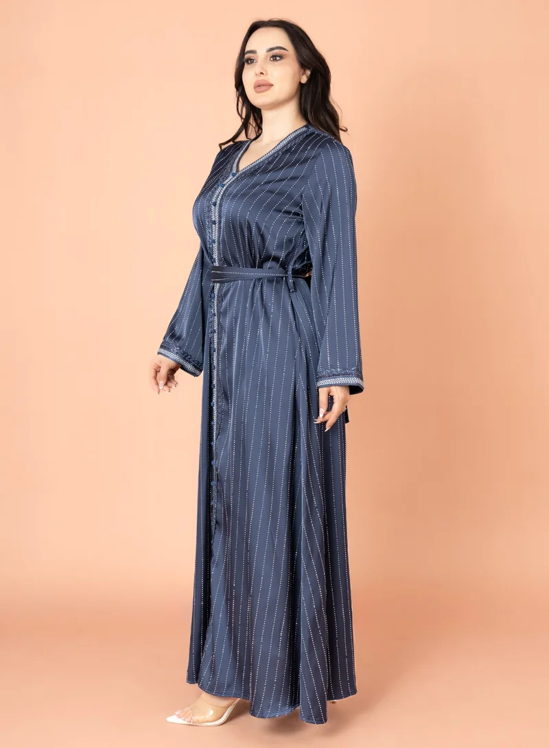 IKKXA Embellished Stripes V-neck Jalabiya Blue