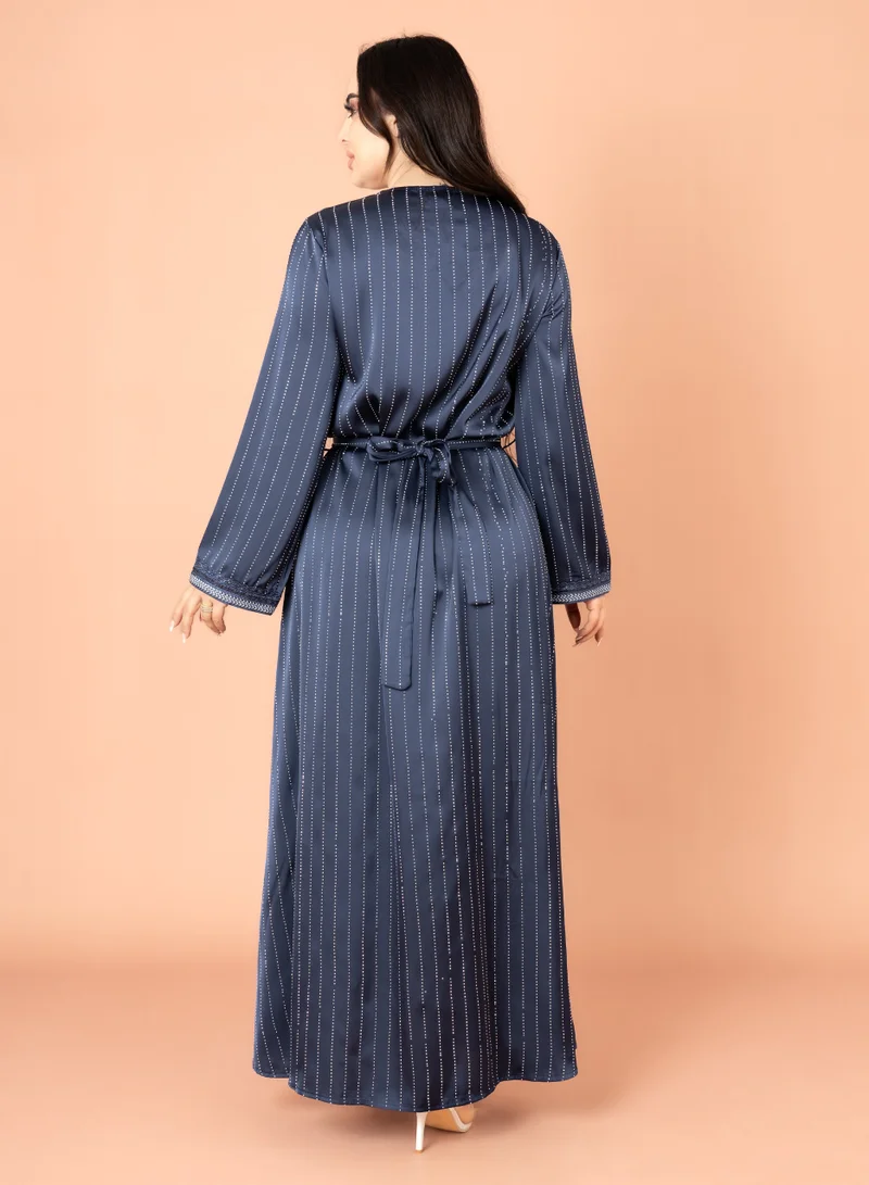 IKKXA Embellished Stripes V-neck Jalabiya Blue