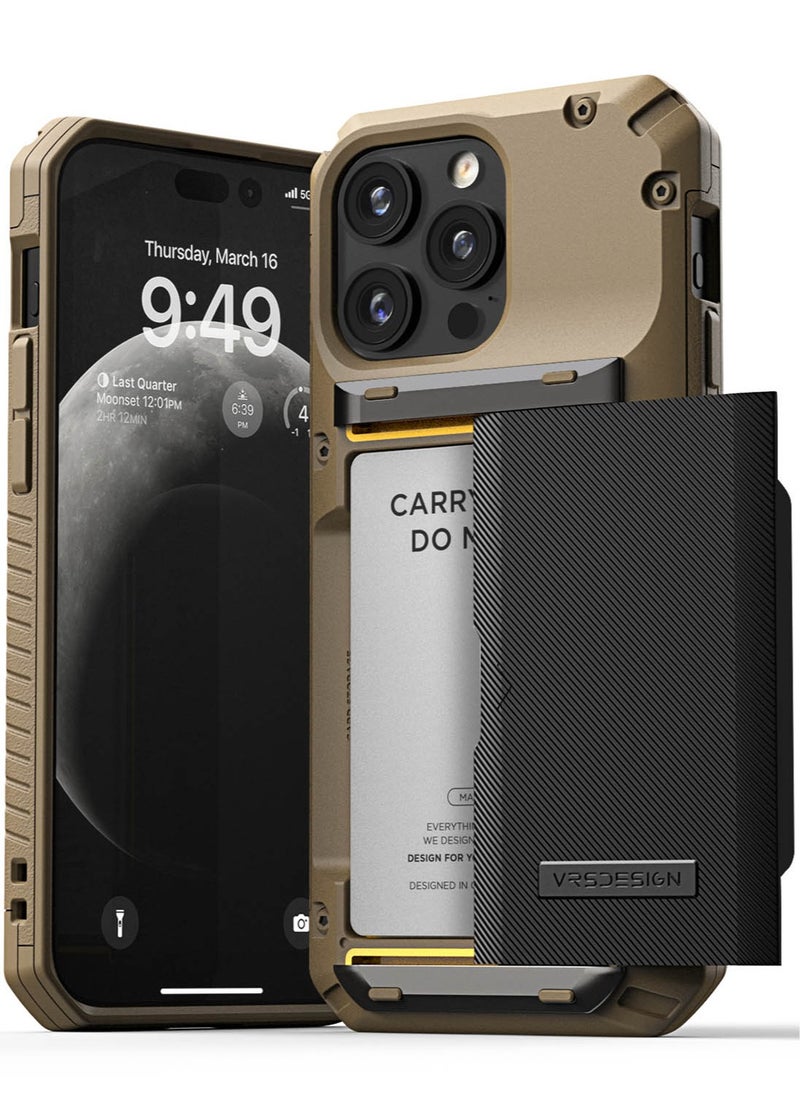 VRS Design Damda Glide Pro for iPhone 15 Pro MAX Case Cover Wallet [Semi Automatic] Slider Credit Card Holder Slot [4 Cards] - Khaki Groove  - Image 1
