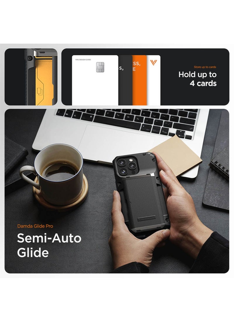 VRS Design Damda Glide Pro for iPhone 15 Pro MAX Case Cover Wallet [Semi Automatic] Slider Credit Card Holder Slot [4 Cards] - Khaki Groove  - Image 2