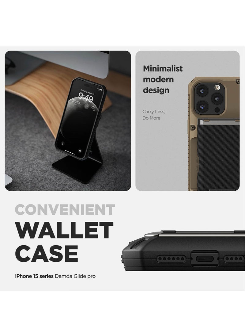 VRS Design Damda Glide Pro for iPhone 15 Pro MAX Case Cover Wallet [Semi Automatic] Slider Credit Card Holder Slot [4 Cards] - Khaki Groove  - Image 3