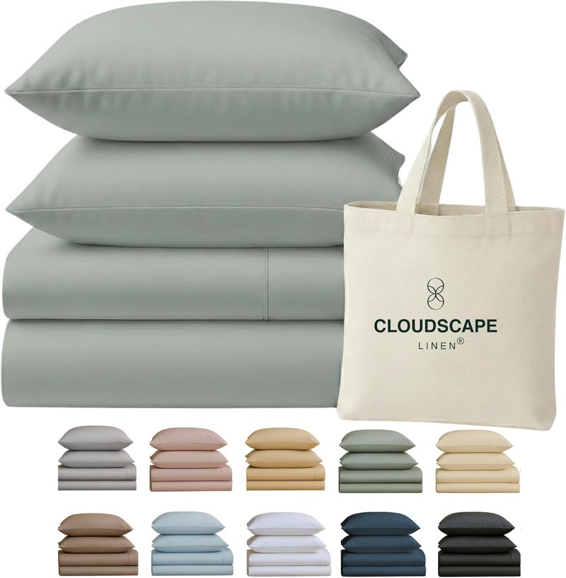 كلاود سكيب لينين شراشف Cloud Scape Linen من القطن المصري 100% لسرير مقاس كوين، عدد الخيوط 400، جودة فندقية، مجموعة شراشف سرير قطنية ناعمة ومتينة، جيوب عميقة تصل إلى 17 بوصة، معدني - Image 1