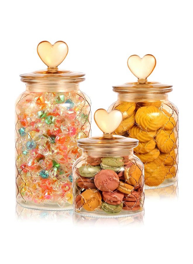 Rainmae 3 Pcs Heart Candy & Cookie Jars with Lids, 22 32 45 oz Cute Heart Shaped Airtight Food Storage Glass Cookie Containers for Kitchen Decorative Apothecary Canisters (Amber) - Image 1