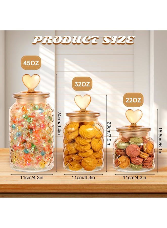 Rainmae 3 Pcs Heart Candy & Cookie Jars with Lids, 22 32 45 oz Cute Heart Shaped Airtight Food Storage Glass Cookie Containers for Kitchen Decorative Apothecary Canisters (Amber) - Image 2