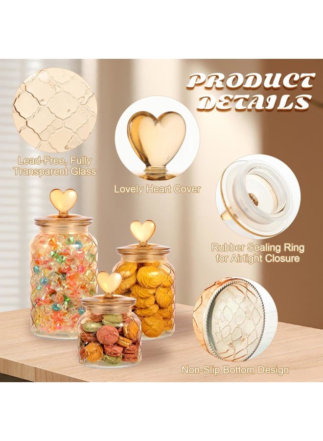 Rainmae 3 Pcs Heart Candy & Cookie Jars with Lids, 22 32 45 oz Cute Heart Shaped Airtight Food Storage Glass Cookie Containers for Kitchen Decorative Apothecary Canisters (Amber) - Image 3
