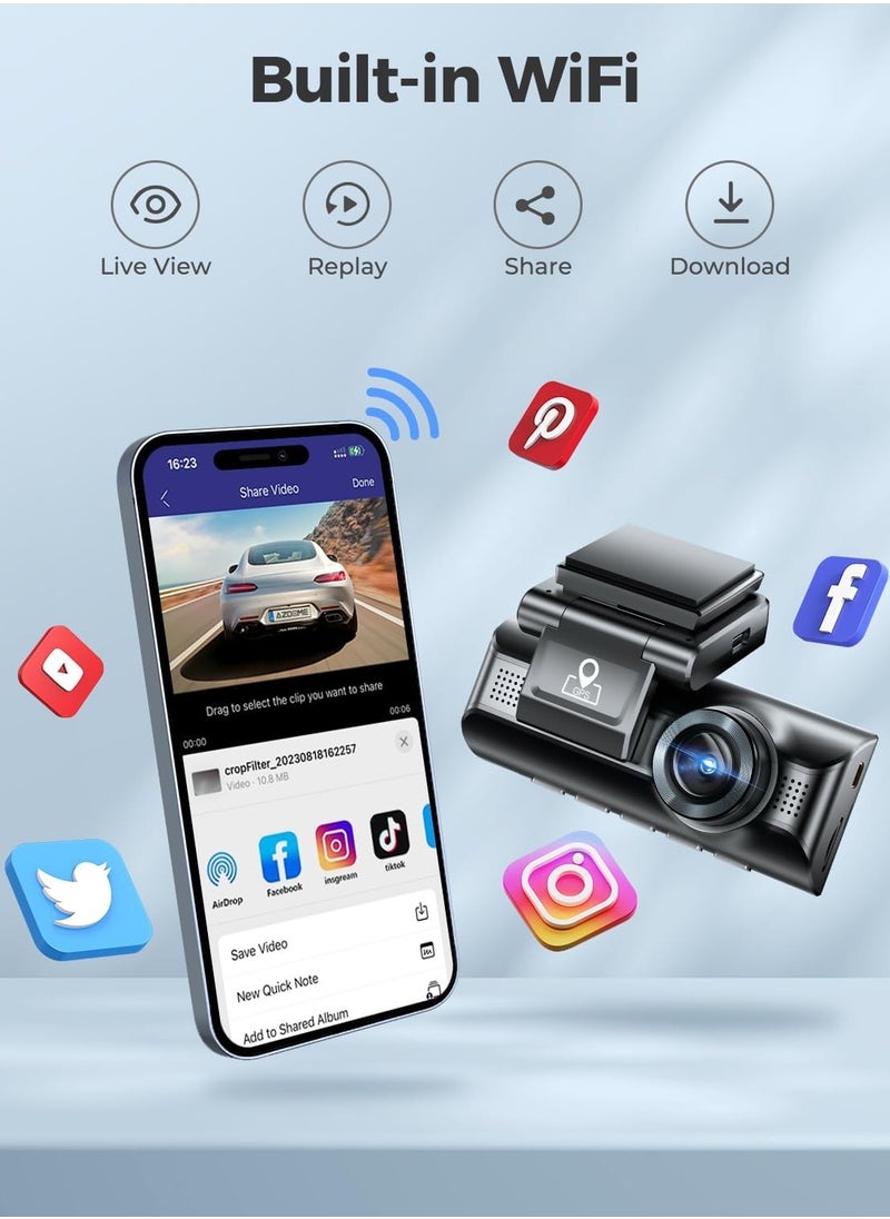 AZDOME - 3 Channel Dash Cam M550, Built-in WiFi GPS, 2K+1080P+1080P Front, Rear & Cabin, 64GB Card Included, 3.19" IPS Screen, WDR, IR Night Vision, Parking Mode - Image 1