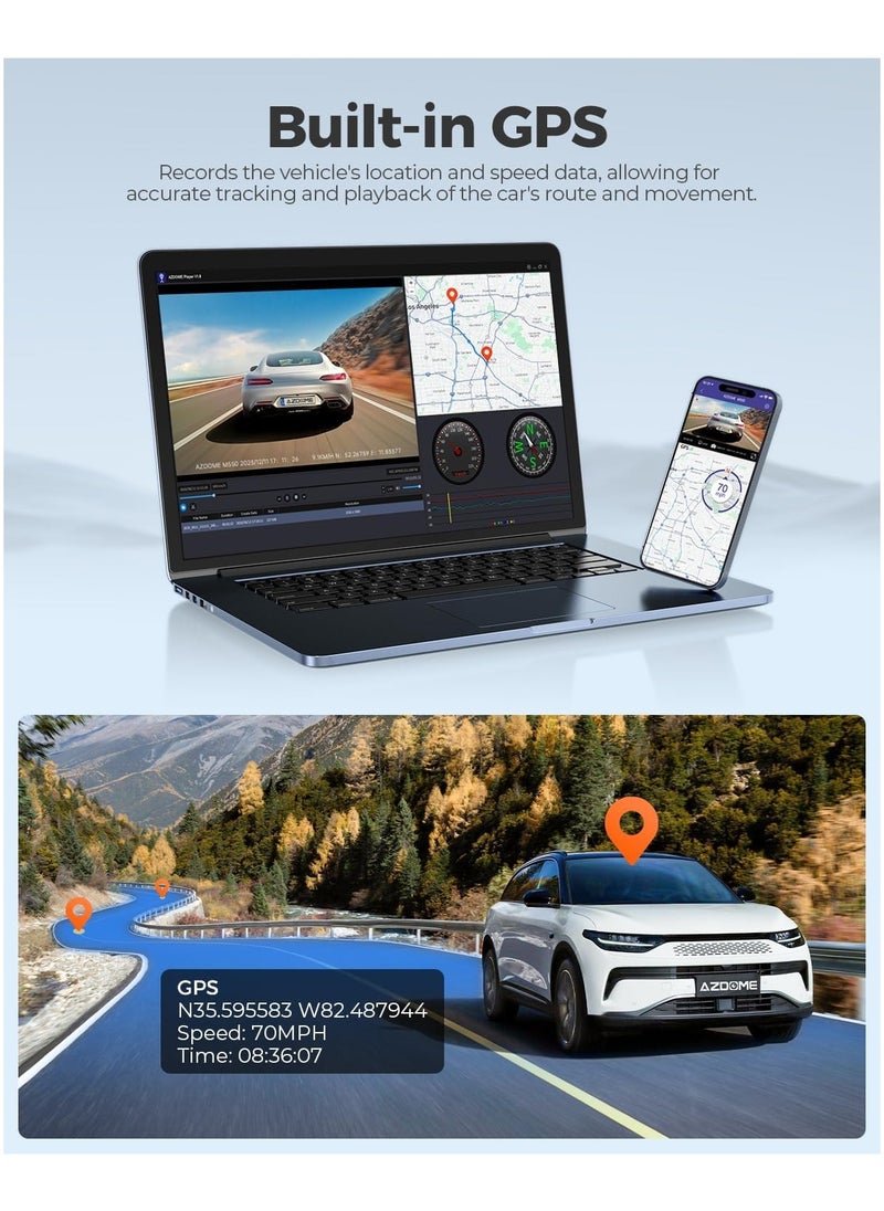 AZDOME - 3 Channel Dash Cam M550, Built-in WiFi GPS, 2K+1080P+1080P Front, Rear & Cabin, 64GB Card Included, 3.19" IPS Screen, WDR, IR Night Vision, Parking Mode - Image 1
