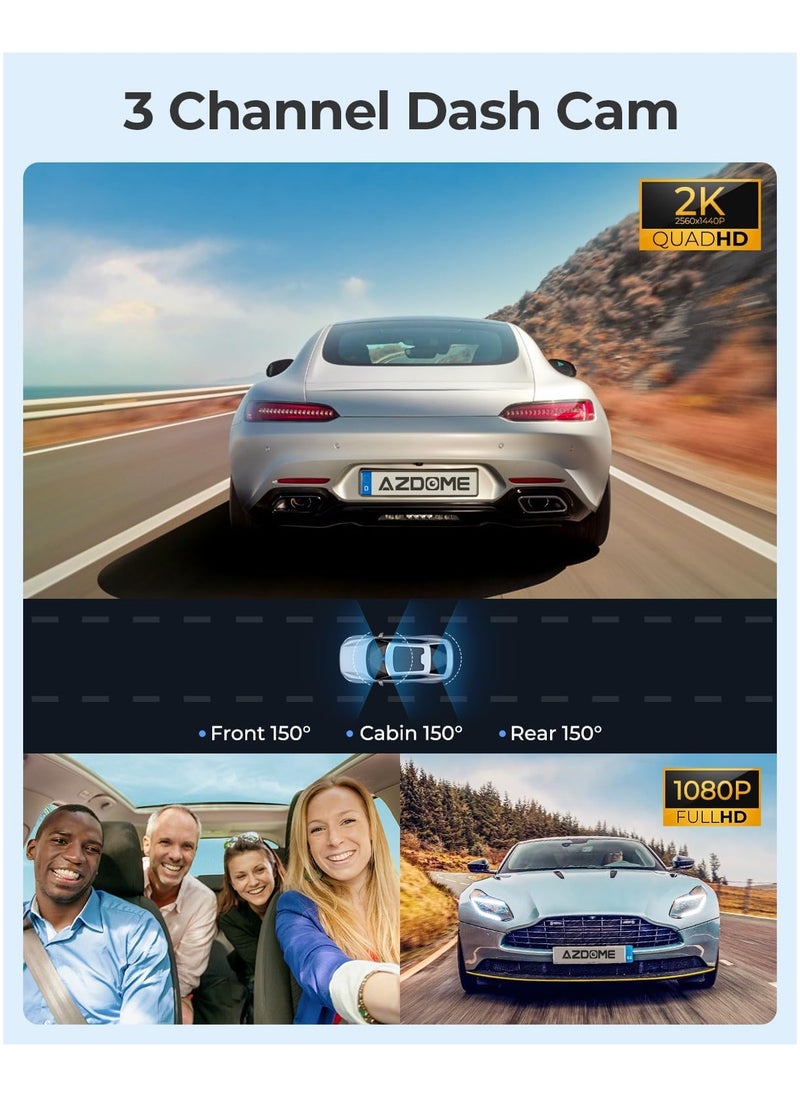 AZDOME - 3 Channel Dash Cam M550, Built-in WiFi GPS, 2K+1080P+1080P Front, Rear & Cabin, 64GB Card Included, 3.19" IPS Screen, WDR, IR Night Vision, Parking Mode - Image 1