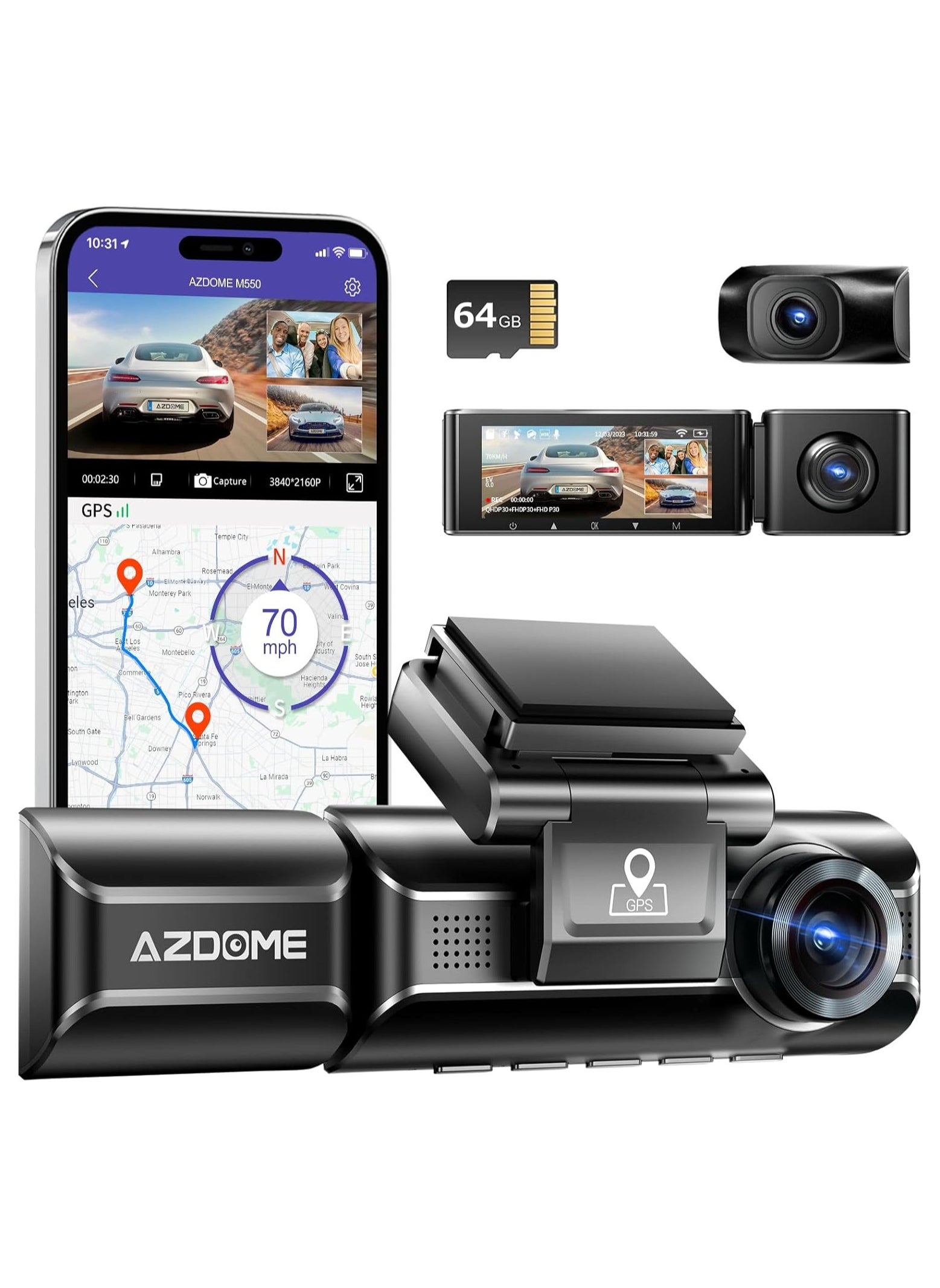 3 Channel Dash Cam M550, Built-in WiFi GPS, 2K+1080P+1080P Front, Rear & Cabin, 64GB Card Included, 3.19" IPS Screen, WDR, IR Night Vision, Parking Mode 