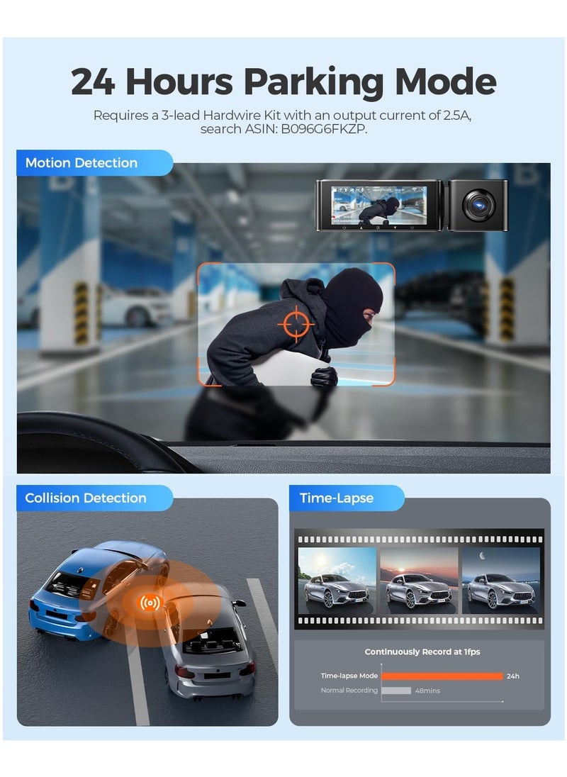 AZDOME - 3 Channel Dash Cam M550, Built-in WiFi GPS, 2K+1080P+1080P Front, Rear & Cabin, 64GB Card Included, 3.19" IPS Screen, WDR, IR Night Vision, Parking Mode - Image 1