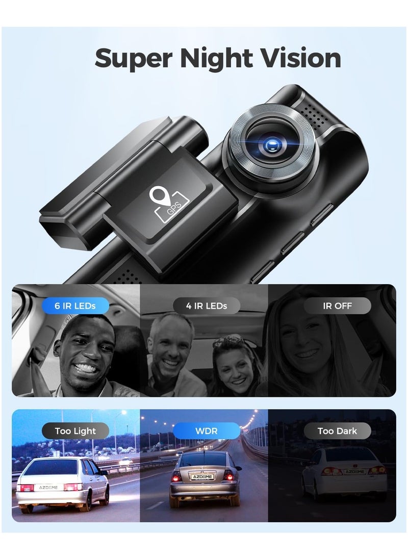 AZDOME - 3 Channel Dash Cam M550, Built-in WiFi GPS, 2K+1080P+1080P Front, Rear & Cabin, 64GB Card Included, 3.19" IPS Screen, WDR, IR Night Vision, Parking Mode - Image 1