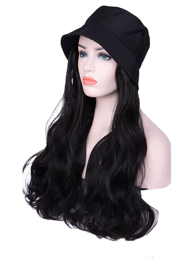 Sharpdo Black Bucket Hat High Temperature Silk Long Straight Hair Synthetic Wig - Image 4