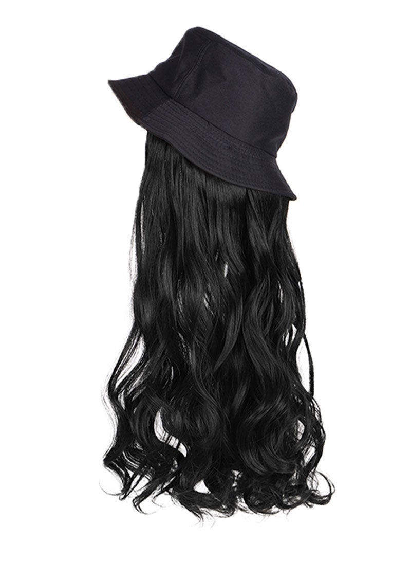 Sharpdo Black Bucket Hat High Temperature Silk Long Straight Hair Synthetic Wig - Image 2