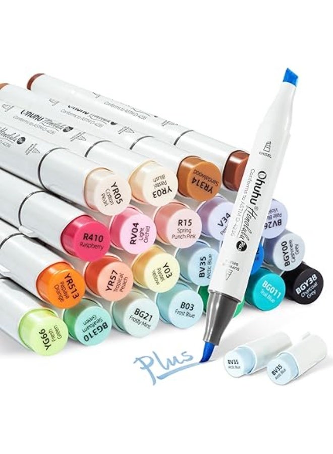 أوهوهو مجموعة أقلام تلوين كحولية من اوهوهو، برأس فرشاة، 24 لونًا + لون واحد برأس مزدوج (بالإضافة إلى فرشاة وإزميل قابلين لإعادة التعبئة) للفنانين والبالغين والرسم والرسوم التوضيحية - سلسلة هونولولو بلس - Image 1