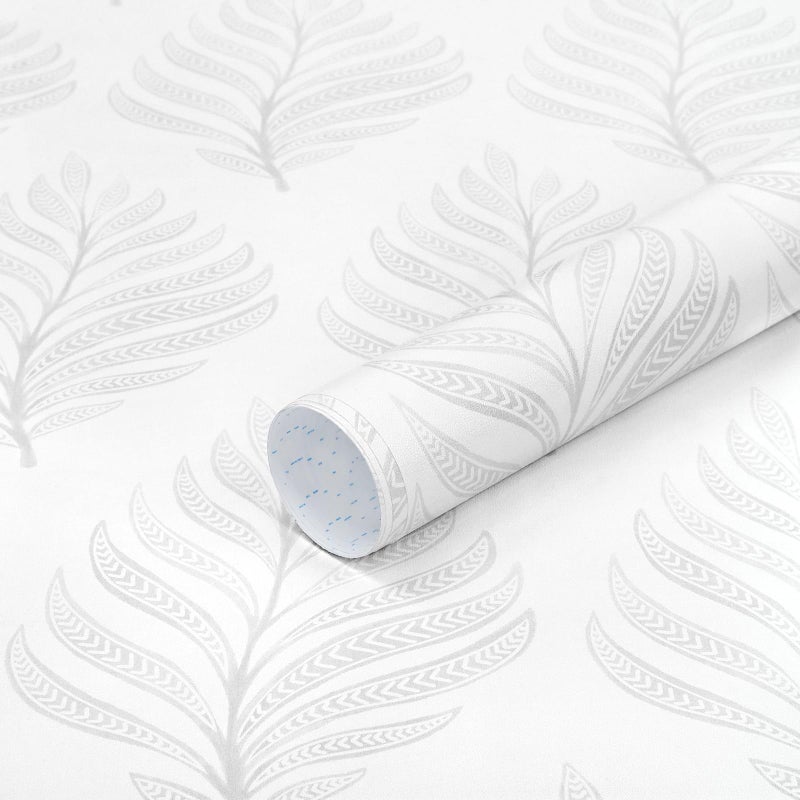 GloryTik Peel and Stick Wallpaper Boho White/Grey Floral Contact Paper Modern Removable Self Adhesive Wall Paper Leaf Waterproof Wallpaper for Cabinets Bedroom Vinyl Rolls (17.3" x 78.7") - Image 1