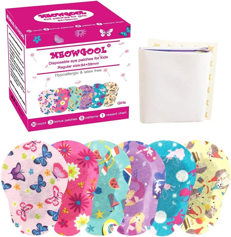 MEOWGOOL Adhesive Eye Patches for Kids with Lazy Eye, 30+3 Bonus Patches, Bandages for Amblyopia 6 Fun Girls Designs, 1 Stickers Incentive Poster (Regular Size) - Image 1