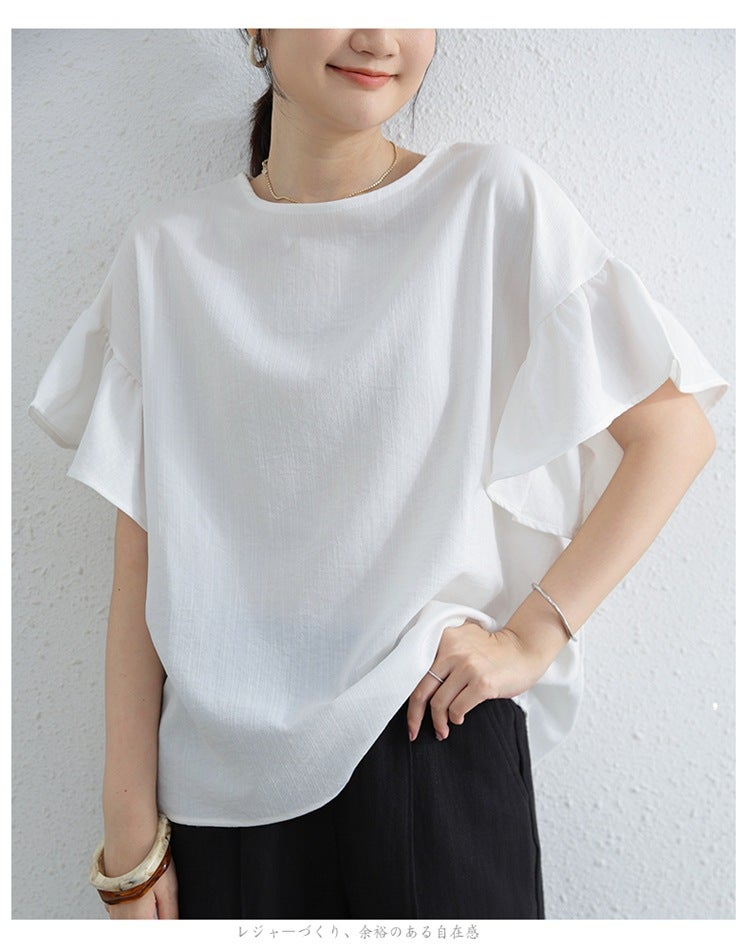 Summer Japanese plus size Womens Thin Short-sleeved T-shirt Spliced Sleeve Elegant Irregular Top Loose Round Neck T-shirt White Lotus Leaf Sleeve 