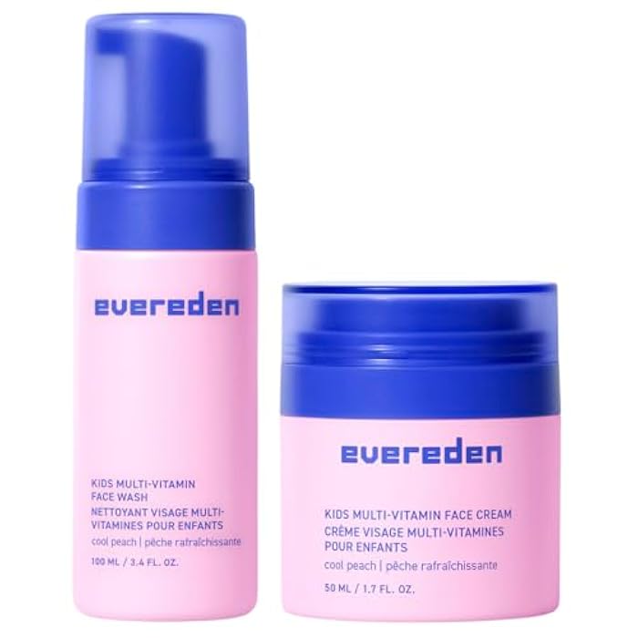 Evereden مجموعة إيفريدن للأطفال - ثنائي الوجه السعيد (خوخ بارد) - غسول وجه متعدد الفيتامينات وكريم وجه - عناية بالبشرة نظيفة ونباتية للأطفال 3+ - مجموعة عناية بالبشرة مرطبة ومغذية وواقية - Image 1